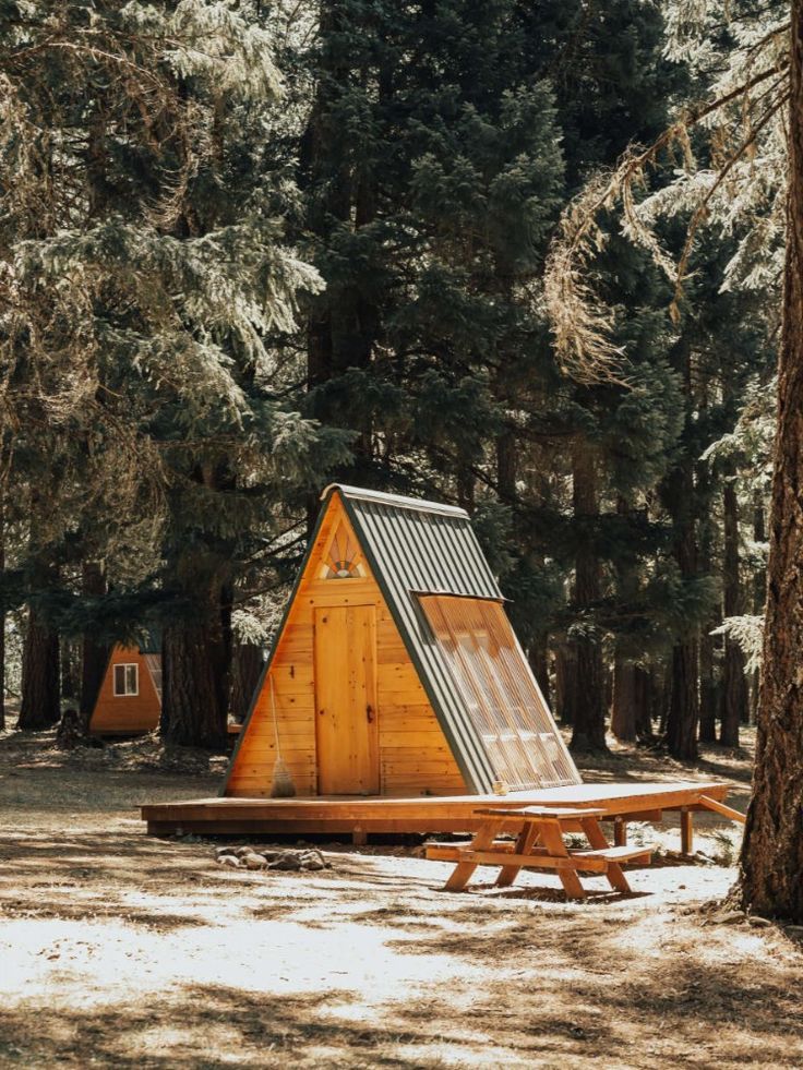 Mini chalé A-frame de madeira com deck, no meio de um bosque de pinheiros